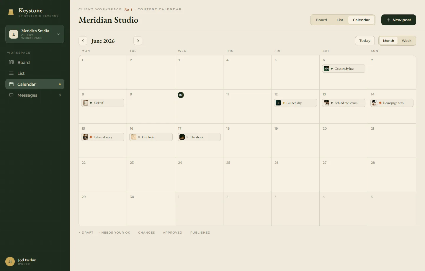 The Keystone calendar: a month view with scheduled work and its status on each day.
