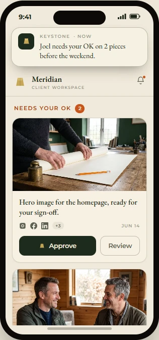 Keystone on a phone: a push notification and a piece of work with a one-tap approve button.